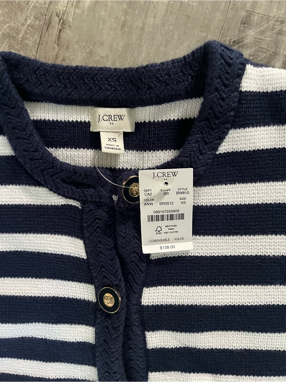 J. Crew Navy and White Striped Button-Front Cardigan Sz XS NWT - Picture 5 of 6
